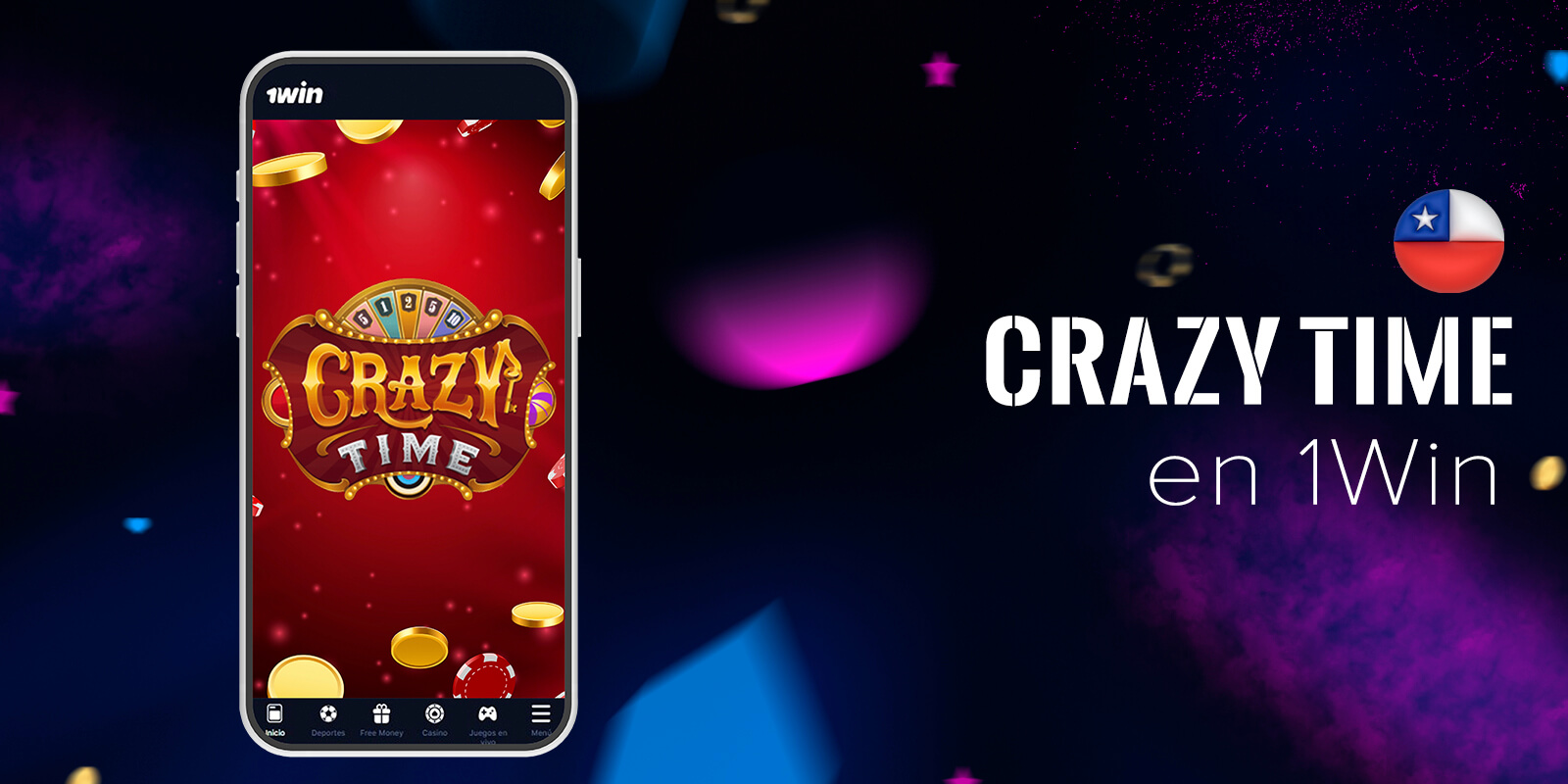 Juego Crazy Time con rueda de la suerte, multiplicadores y cuatro juegos de bonificación únicos.